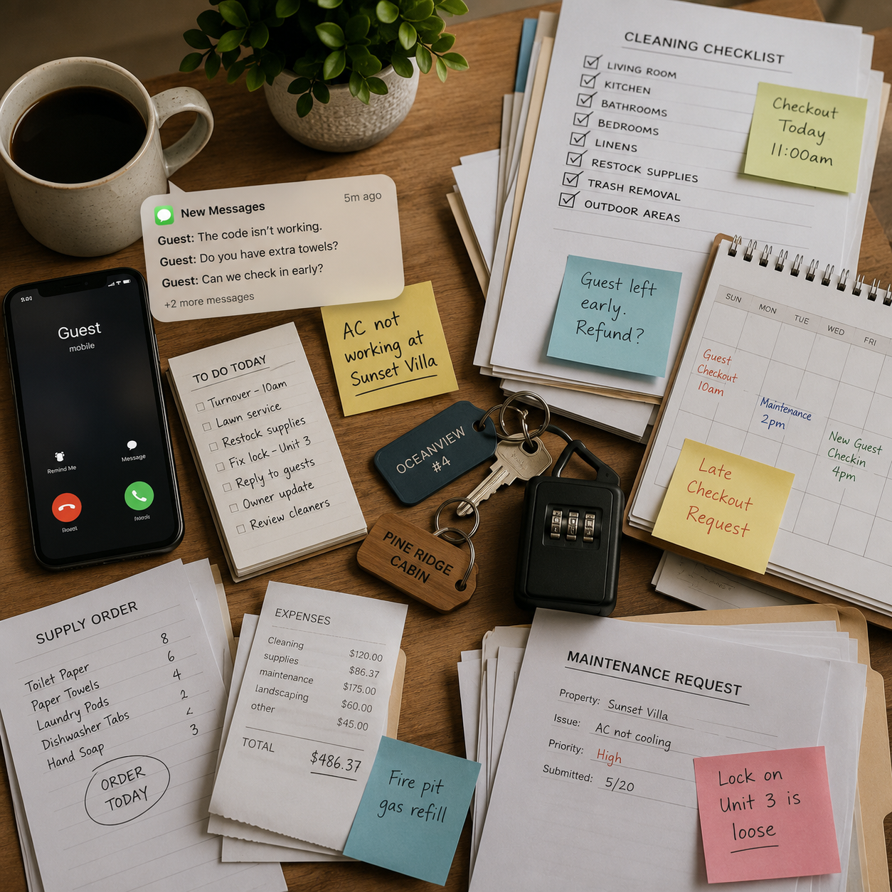 Overhead workspace filled with keys, maintenance requests, schedules, and operational tasks