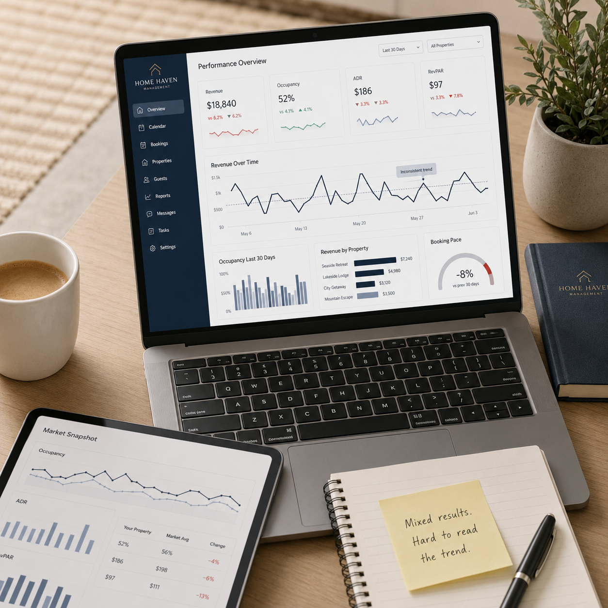 Property performance dashboard showing mixed and inconsistent results