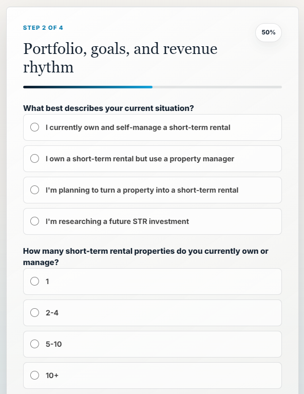 STR Performance Score quiz showing property and revenue questions